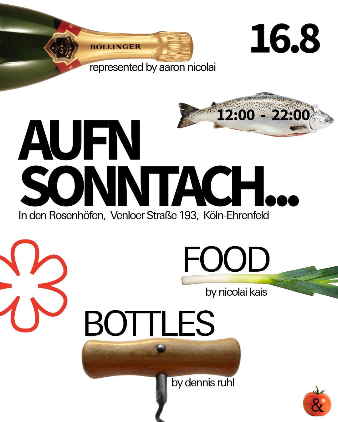 Flyer „Aufn Sonntach …“ am 16. August in den Rosenhöfen – Champagnerflasche, Fisch und Korkenzieher