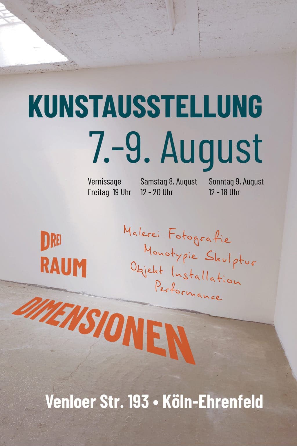 Flyer der Kunstausstellung „Drei Raum Dimensionen“ vom 7. bis 9. August in den Rosenhöfen