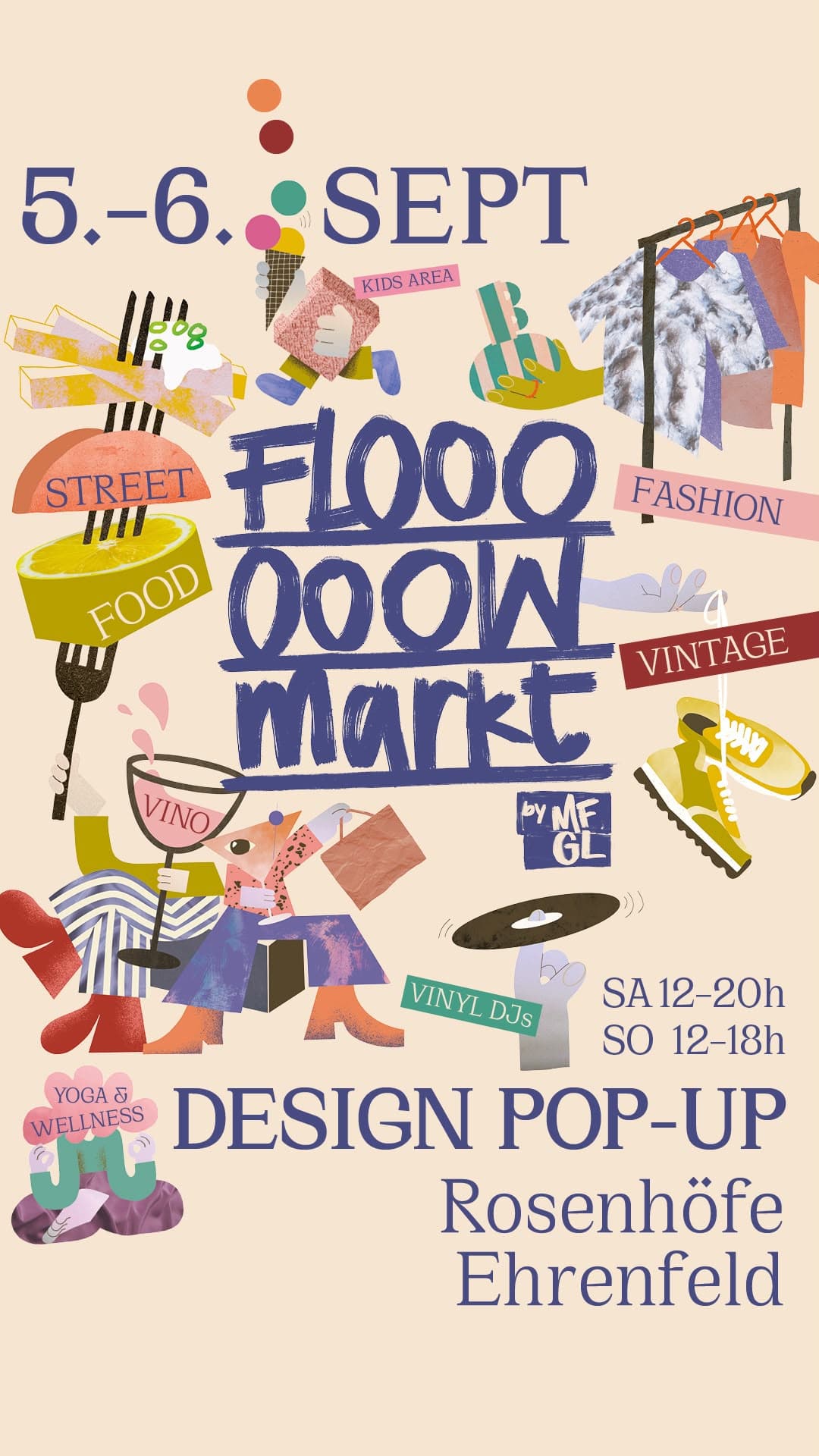 Illustrierter Flyer des Floooooow Markts am 5. und 6. September in den Rosenhöfen